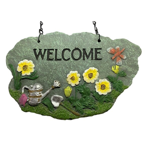 Unbranded Other - Welcome Wall Plaque Flowers Watering Can Polyresin Garden Hanging Sign 10" x6"